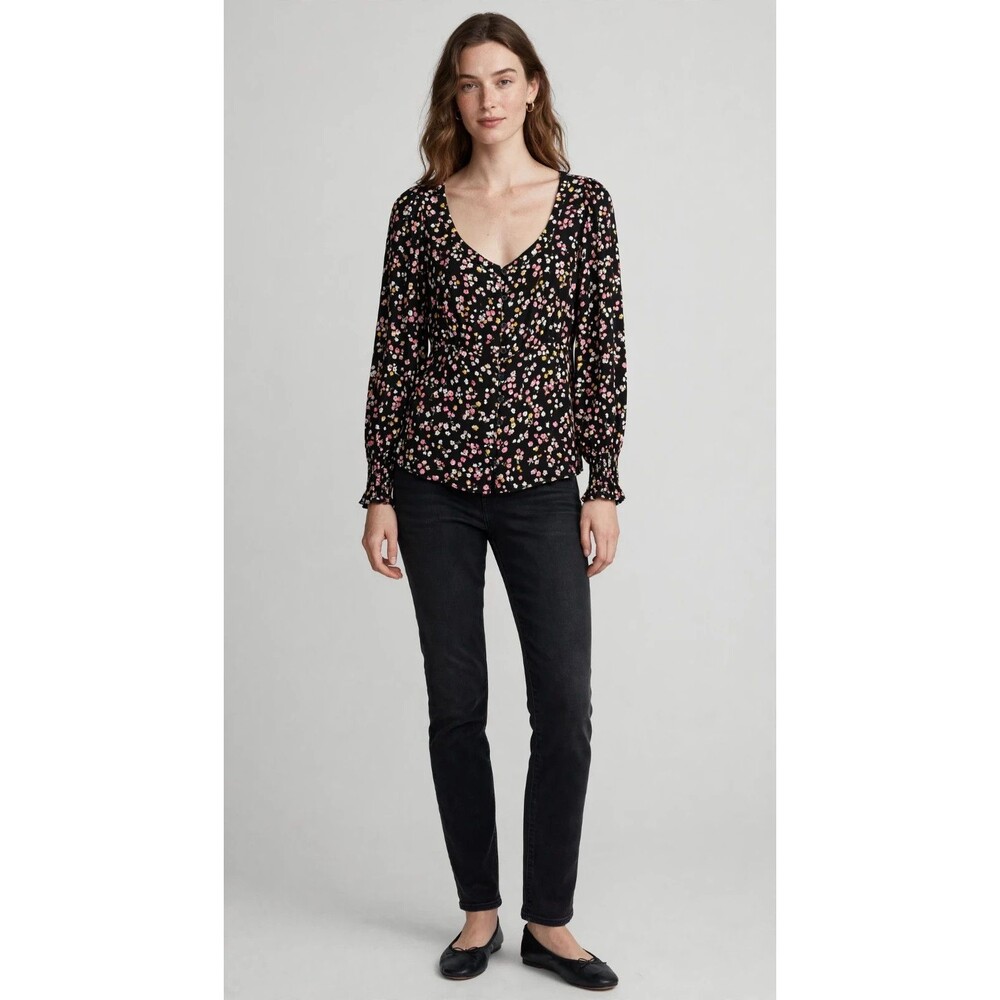 LOFT Womens M Black Floral Button Front V-Neck Long Sleeve Rayon Blouse Boho